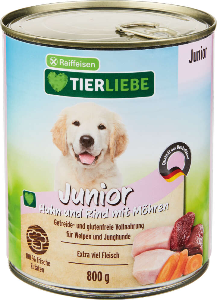 TIERLIEBE Hunde-Nassfutter Frisches Fleisch Junior Huhn und Rind mit Möhren